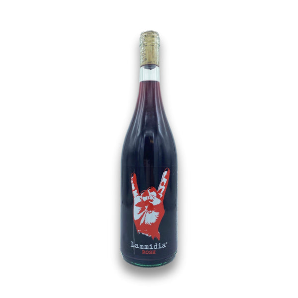 Wine bottle with a red label featuring a rock sign hand gesture on a white background