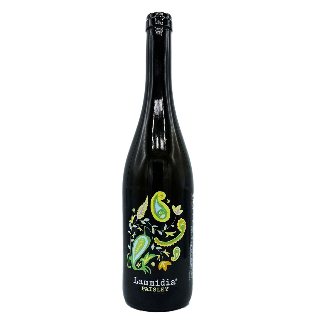 Black bottle with label depicting artistic green leaf elements on a white background