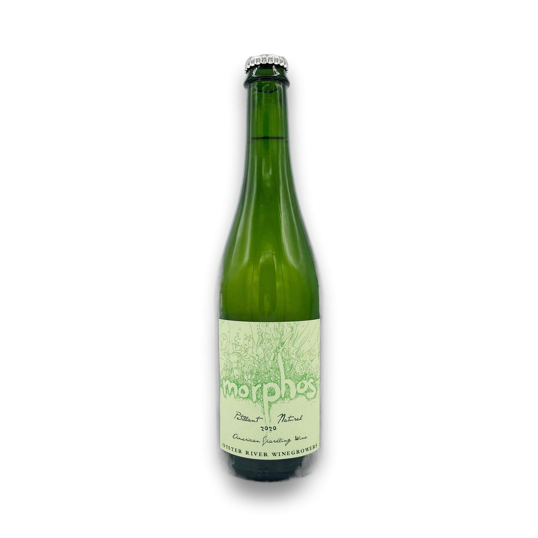 Green tinted Bottle of White Pet nat accompanied by light green label featuring text reading ‘morphos’