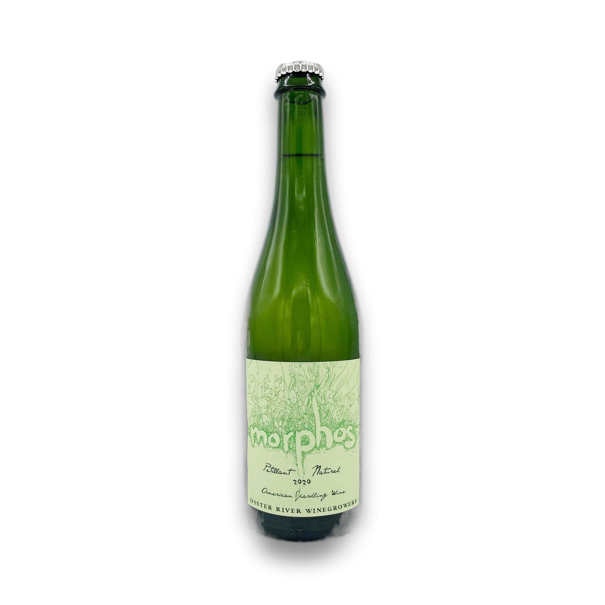 Green tinted Bottle of White Pet nat accompanied by light green label featuring text reading ‘morphos’
