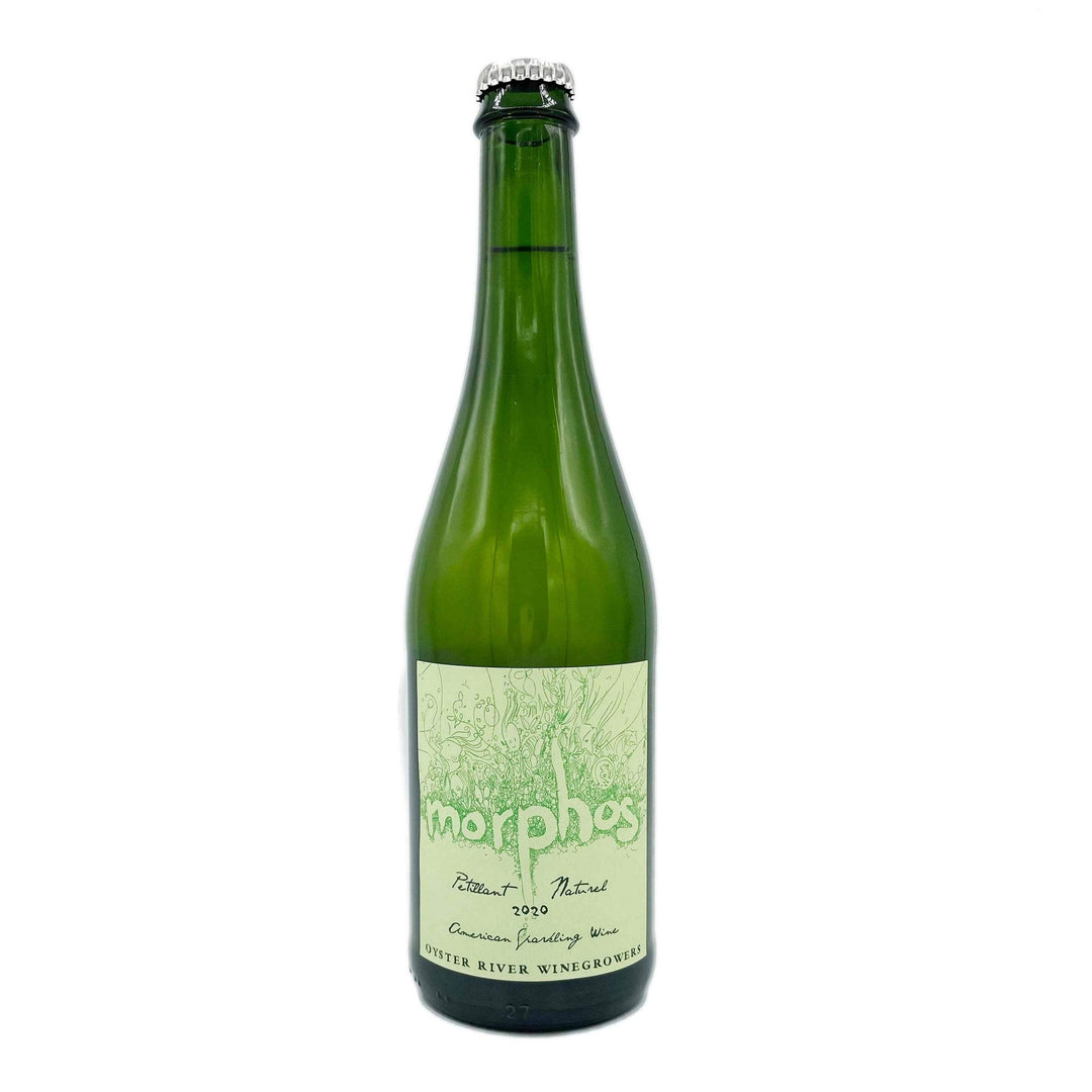 Green tinted Bottle of White Pet nat accompanied by light green label featuring text reading ‘morphos’